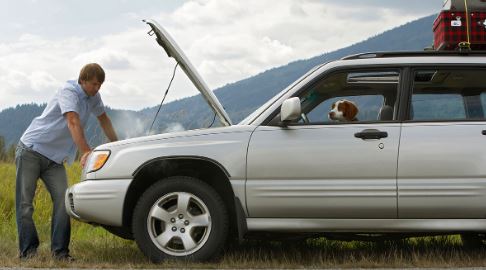 A man with his car that broke down on a road in the countryside.